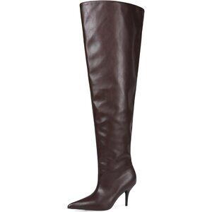 Women's Brown Faux Leather Wide Calf Thigh High Heeled Stiletto Cone Heel Boots